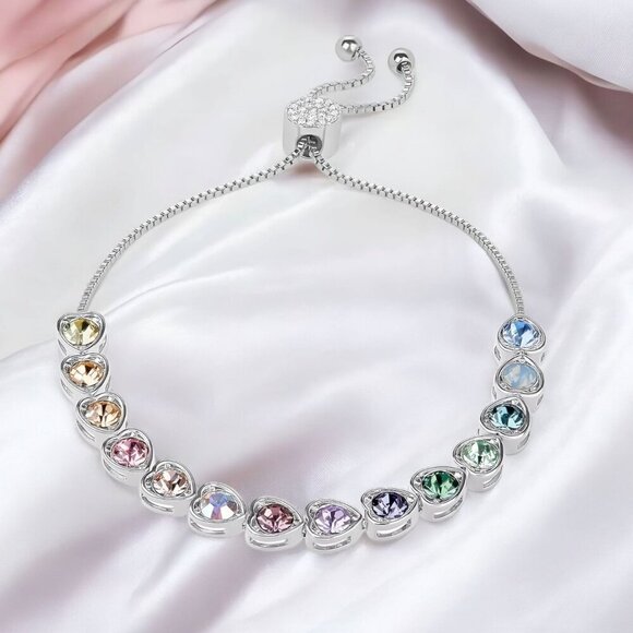Brilliance Swarovski Crystal Adjustable Bracelet – Multicolor Heart Stones 10" - Picture 2 of 8